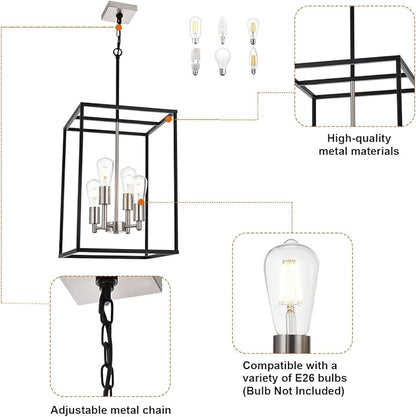 VINLUZ 4-Light Lantern Chandelier Light Fixture Black and Brushed Nickel Finish Industrial Farmhouse Pendant Lighting Square Cage Kitchen Island Hanging Ceiling Light for Dining Room