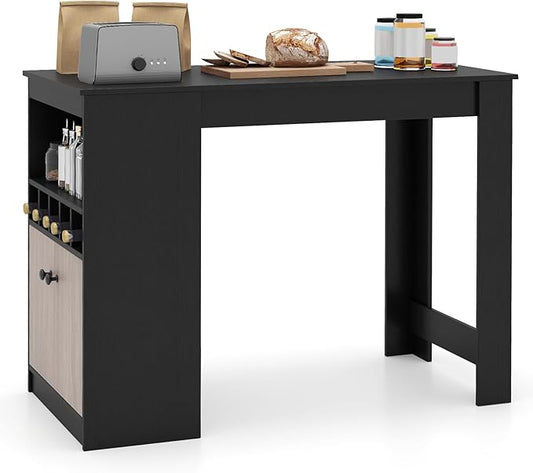 Giantex 48" Dining Table, Counter Height Bar Table with Storage Cabinet, Wine Rack, Compartment & Adjustable Shelf, Modern Bistro Tables for Home, Coffee Shop, Kitchen, Pub, Black & Gray