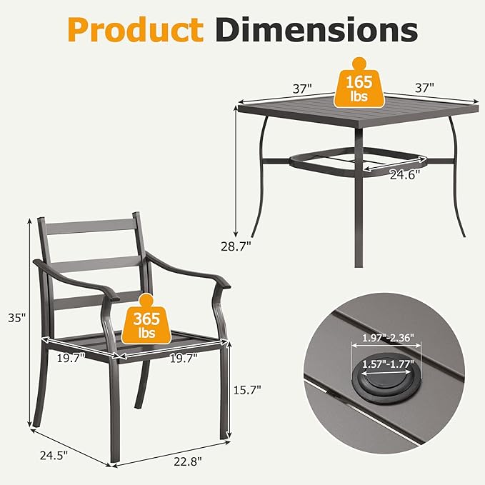 EROMMY 5-Piece Outdoor Patio Dining Set, 4 Metal Slat Chairs & Square Table with Umbrella Hole, All-Weather Patio Furniture for Backyard, Deck and Garden