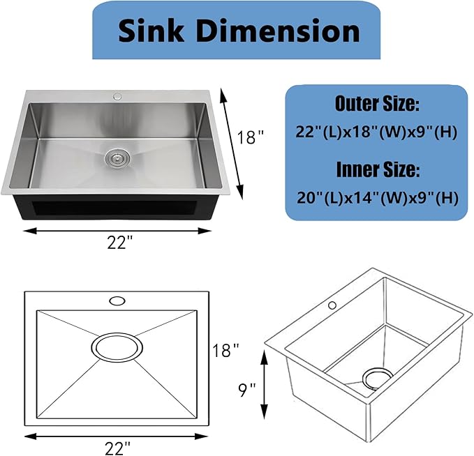 VAPSINT 22x18 Inch Drop In Kitchen Sink, 22 Inch 16 Gauge T304 Stainless Steel Topmount Small Kitchen Bar Sink, Handmade Single Bowl Outdoor RV Laundry Utility Prep Sink with Basket Strainer