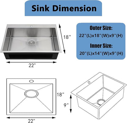 VAPSINT 22x18 Inch Drop In Kitchen Sink, 22 Inch 16 Gauge T304 Stainless Steel Topmount Small Kitchen Bar Sink, Handmade Single Bowl Outdoor RV Laundry Utility Prep Sink with Basket Strainer