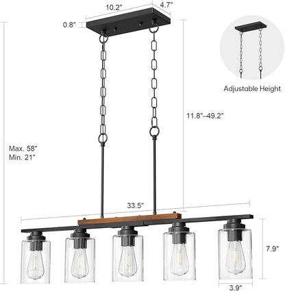 VONLUCE Dining Room Light Fixture Over Table, 5-Light Kitchen Island Lighting with Glass Shade and Adjustable Rods, Farmhouse Linear Chandelier Pendant Light for Kitchen Living Room, Matte Black