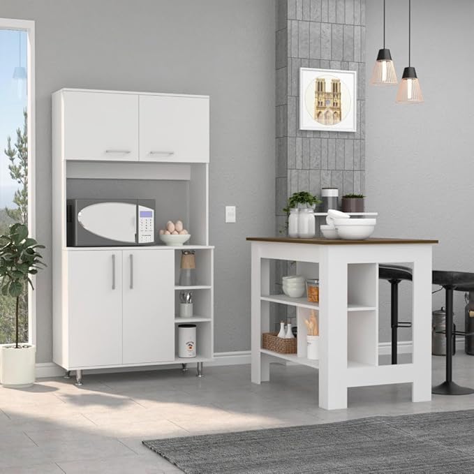7 Shelf 4 Door 2 Kitchen Set, Kitchen Island and Cabinet White and Walnut QP267