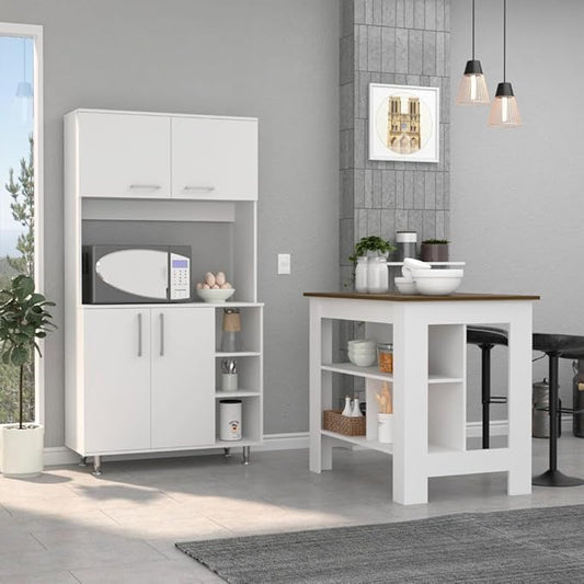7 Shelf 4 Door 2 Kitchen Set, Kitchen Island and Cabinet White and Walnut QP267