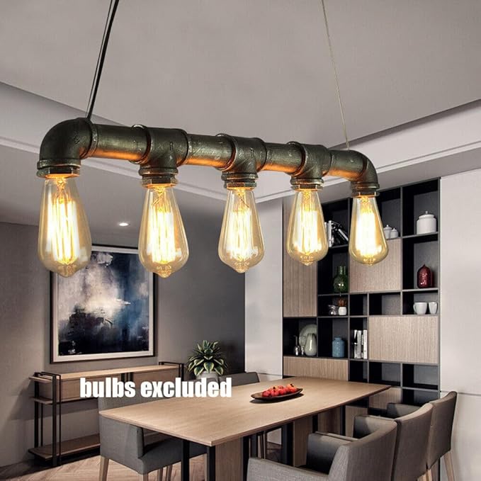 25.6" Water Pipe Ceiling Light, 5-Light Retro Chandelier Steampunk Pendant Lamp Fixture Farmhouse Vintage Pendant Lamp, for Coffee Shop Restaurant Hallway Porch Corridor