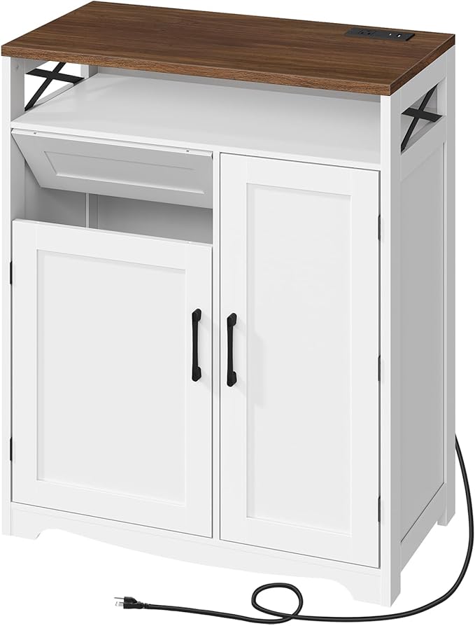 YATINEY Trash Can Cabinet with Power Outlet, 10-Gallon Hidden Kitchen Garbage Bin Cabinet with Adjustable Shelf, Wooden Recycling Cabinet for Kitchen, Dining Living Room, White and Walnut WB04UWH
