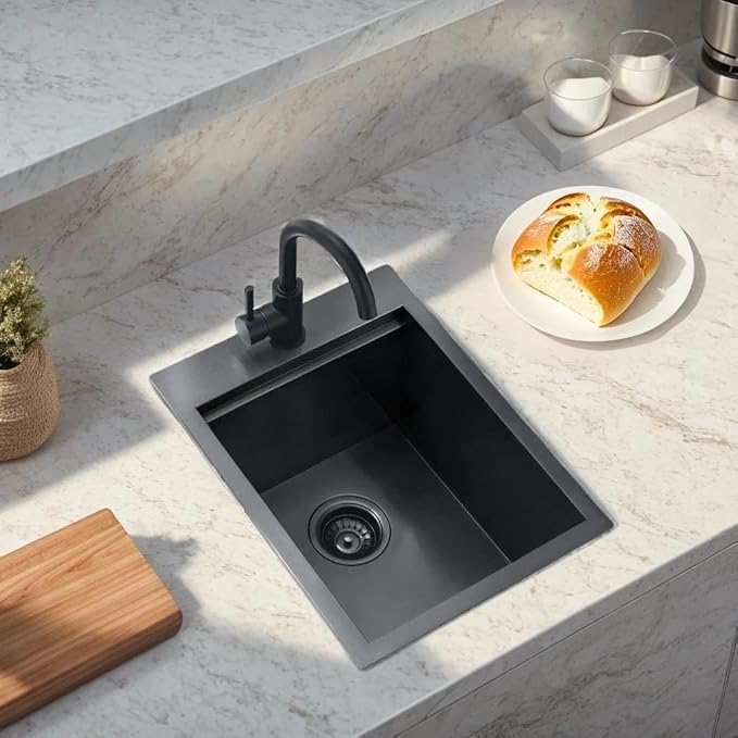 Friho Drop in Black Bar Sink, 15 x 20 Inch Stainless Steel Single Bowl Small Topmount Kitchen Sink, Handmade Bar Apply Office Wet Bar Prep RV Outdoor Yard with Cutting Board