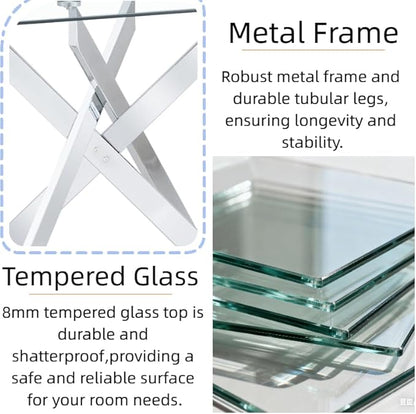 51.18" Rectangular Glass Dining Table, Tempered Glass Small Kitchen Table with Metal Tubular Legs, Stylish and Sturdy Silver Dinner Table for Home and Outdoor