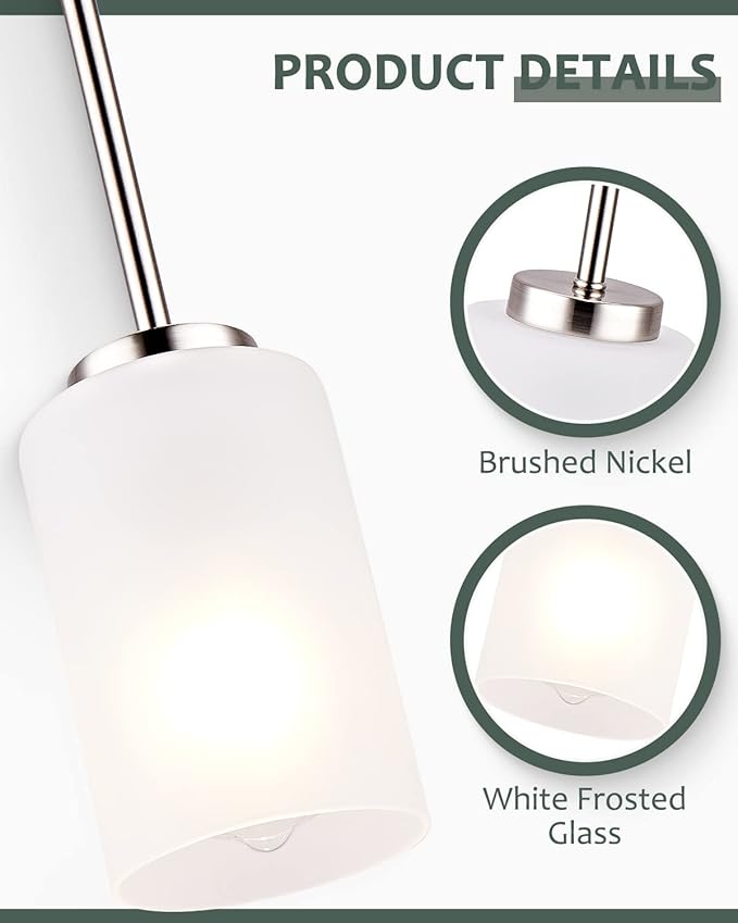 1-Light Mini Pendant Light Fixtures, Industrial Chandelier Hanging Ceiling Light with Opal White Shades, Adjustable Height, Brushed Nickel Pendant Lighting for Kitchen Bedroom Hallway, 2 Pack