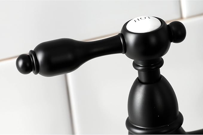 Kingston Brass KS1270TALBS Two-Handle 4-Hole Deck Mount Bridge Kitchen Faucet with Brass Sprayer in Matte Black