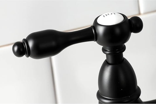Kingston Brass KS1270TALBS Two-Handle 4-Hole Deck Mount Bridge Kitchen Faucet with Brass Sprayer in Matte Black