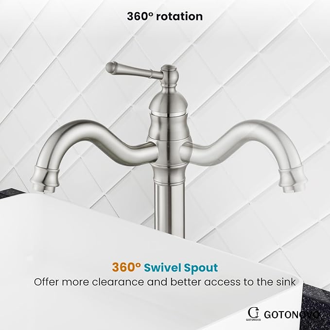 gotonovo Vessel Sink Faucet 360° Swivel Spout Single Handle Tall Bathroom Faucet 1 Hole Farmhouse Lavatory Washbasin Mixer Tap Matching Supply Hoses, with Pop Up Drain, Brushed Nickel