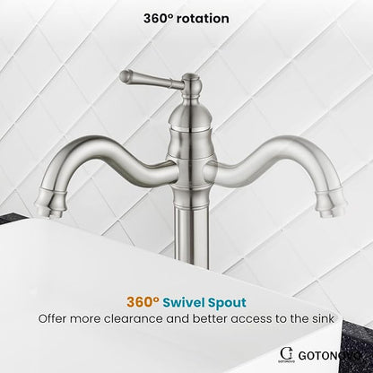 gotonovo Vessel Sink Faucet 360° Swivel Spout Single Handle Tall Bathroom Faucet 1 Hole Farmhouse Lavatory Washbasin Mixer Tap Matching Supply Hoses, with Pop Up Drain, Brushed Nickel
