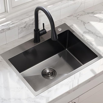 HOTIS 24 X 18 Inch Black Drop In Kitchen Sink, Black Stainless Steel Kitchen Sink, Large Residential Sink with 2 Holes, Single Bowl Topmount Workstation Sink with Dish Grid & Drain