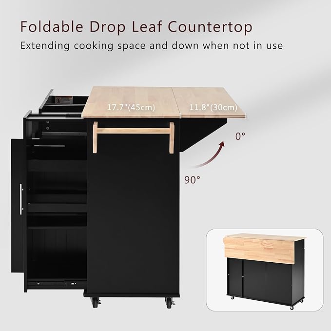 YOPTO 46" Kitchen Island with Drop Leaf,Dining Storage Cart W/ 3 Tier Pull Out Cabinet Organizer & Internal Storage Rack,Rolling Cart on Wheels W/Towel Rack & 2 Drawers,for Kitchen,Black