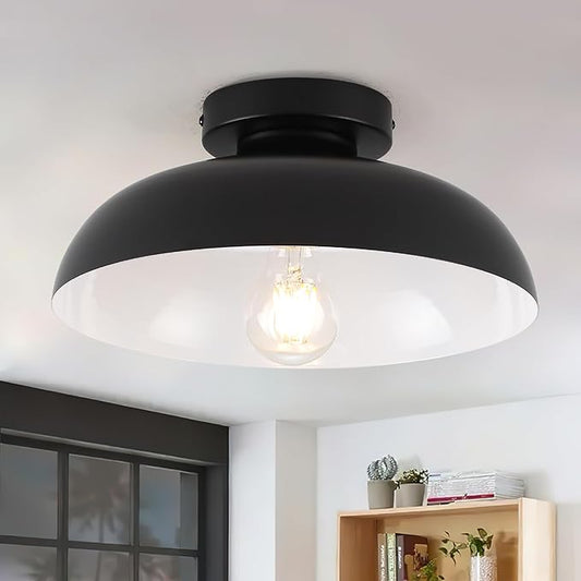 Black Semi Flush Mount Ceiling Lights, Industrial Ceiling Light 12 Inch Close to Ceiling Light Fixtures for Bedroom Entryway Kitchen Hallway Porch Foyer Bathroom Laundry Barn