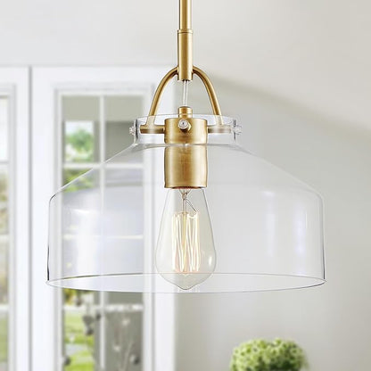 WUZUPS Chandelier Rustic Farmhouse Industrial Round Ceiling Pendant LED Light Fixture with Clear Glass Shades for Dining Room Kitchen Island Foyer Entryway, H 9.4" x W 10.6", E26 Base, Gold