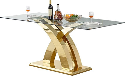 Luxury Gold Glass Dining Table for 6-8 Modern 70" Rectangular Kitchen Table with Stainless Steel Base Large Clear Glass Top Dining Room Tables for Home Office