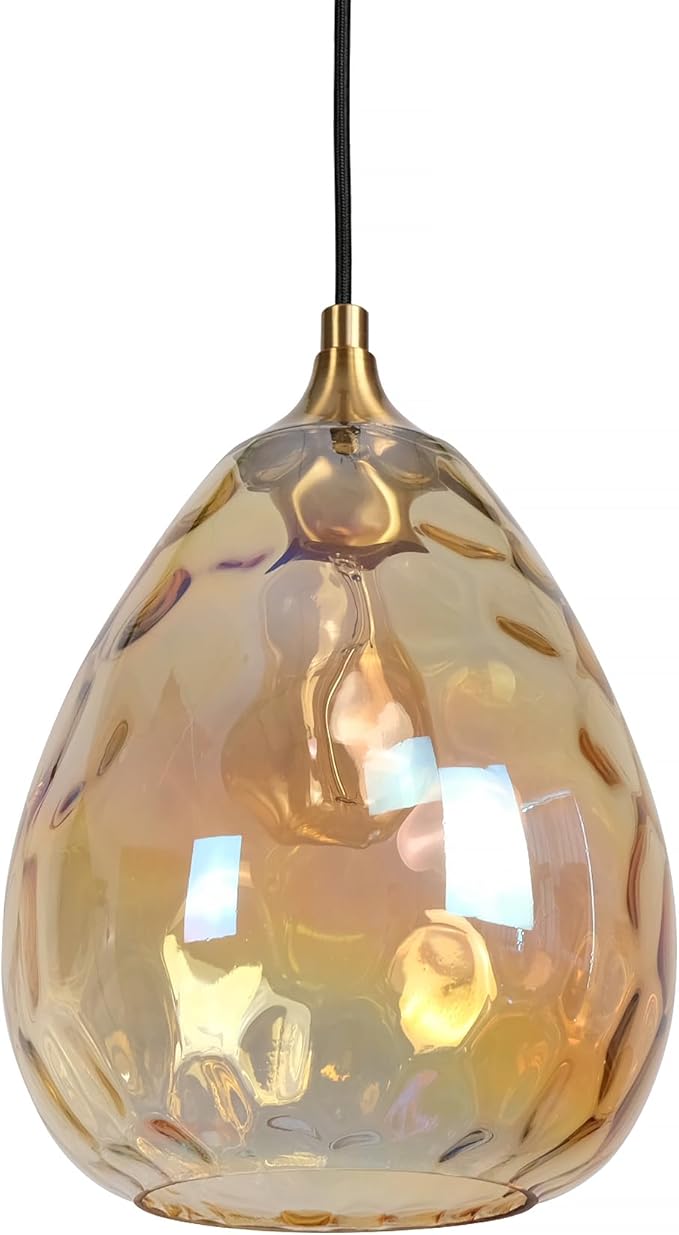 Gold Pendant Lighting with Amber Hammered Glass Shade, 1-Light Art Deco Hanging Lamp for Kitchen Island, Dining Room, Bedroom (Amber Glass Shade)