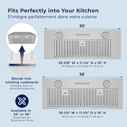 Hauslane Range Hood Insert 36 Inch, Hood Vent for Kitchen| HauSMART™ App & Voice Control |4-Speed Fan, LED GU10 Lights | Dishwasher-Safe Baffle Filters, Stainless Steel Ducted|Ductless Range Hood