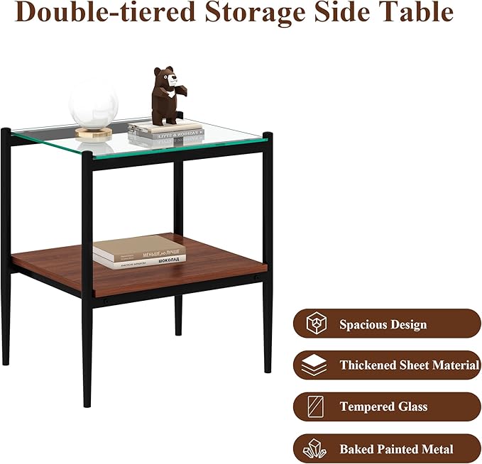 Set of 2 Glass End Table, 2-Layer Glass Living Room Table, Modern Tea Table Side Tables for Home Office Furniture