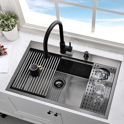 Black Kitchen Sink with Glass Rinser-Hovheir 31x20 Drop In Kitchen Sink Top Mount Workstation Sinks 16 Gauge Black Stainless Steel Single Bowl Deep Sinks with Cutting Board
