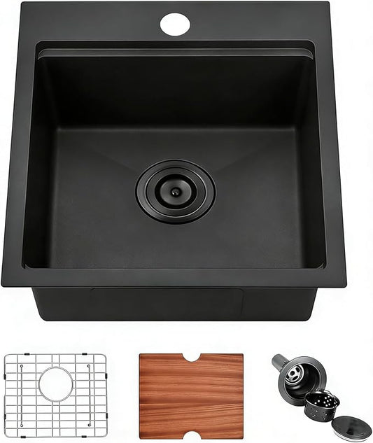 IKEBANA 18x18 Inch Black Bar Sink drop in, 9 Inch Deep 16 Gauge Stainless Steel Topmount Black Small Kitchen Sink, Single Bowl Wet Bar Outdoor RV Prep Sinks With Dish Grid & Drain