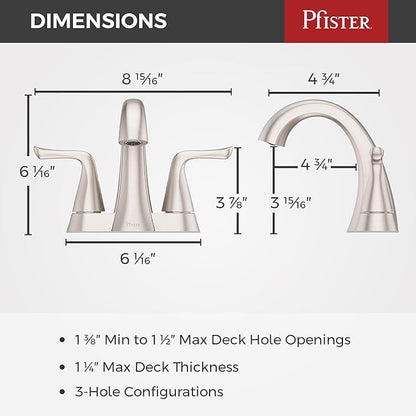 Pfister Willa 4 inch Centerset Bathroom Sink Faucet 2-Handle 3-Hole NSF Certified Spot Defense Brushed Nickel Vanity Faucet with Push & Seal Drain Installation LF048MALGS