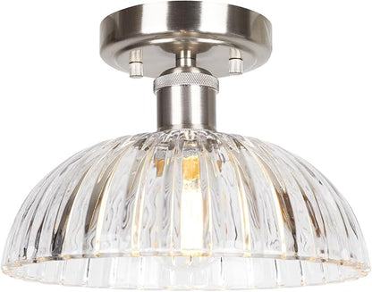 JYZ Semi Flush Mount Ceiling Light, Brushed Nickel Ceiling Light Fixture with Ribbed Glass Shade, Vintage Light fixtures for Hallway, Entryway, Bathroom, Kitchen, Bedroom