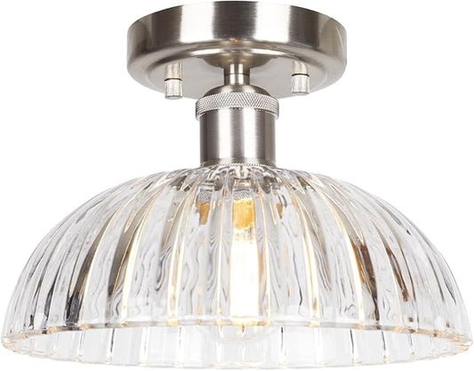 JYZ Semi Flush Mount Ceiling Light, Brushed Nickel Ceiling Light Fixture with Ribbed Glass Shade, Vintage Light fixtures for Hallway, Entryway, Bathroom, Kitchen, Bedroom