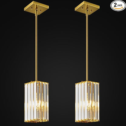 Modern Pendant Light Gold Rectangle Pendant Lighting Mini Crystal Chandeliers Adjustable Pendant Light Fixture for Kitchen Island Dinning Room Living Room Corridor Bedroom(Gold 2-Pack)