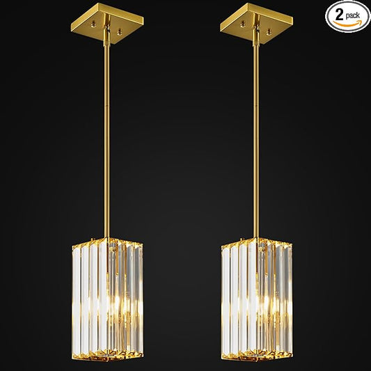 Modern Pendant Light Gold Rectangle Pendant Lighting Mini Crystal Chandeliers Adjustable Pendant Light Fixture for Kitchen Island Dinning Room Living Room Corridor Bedroom(Gold 2-Pack)