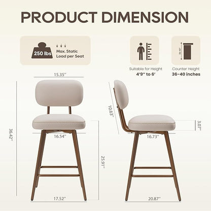 MALOL 26“ Swivel Bar Stools Set of 2, Mid Century PU Leather Counter Height Bar Chairs with Low Back and Metal Legs, Modern Bar Stool Chair for Kitchen Island, Beige