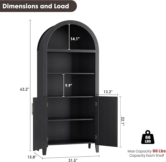 Garvee Arched Kitchen Pantry Storage Cabinet - 5-Tier Open Display Shelf with Rattan Decor, Farmhouse Storage Cabinet for Kitchen, Dining Room, Living Room, Black