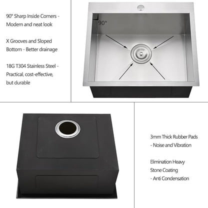 21 Stainless Steel Drop In Kitchen Bar Sink, Luckyhorse 21” x 18” x 10” 18 Gauge Stainless Steel Small Kitchen Outdoor Sink LH021L