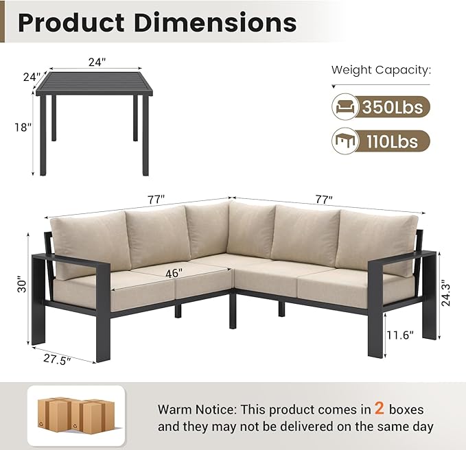 UDPATIO 6 Piece Patio Furniture Set, Metal Outdoor Sectional Sofa with 6" Thick Olefin Cushions, Wide Armrest & Coffee Table, L Shaped Outdoor Furniture for Garden, Backyard Beige