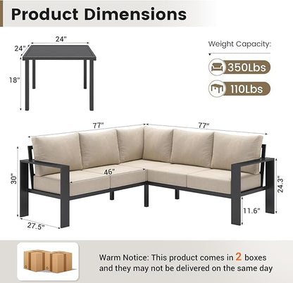 UDPATIO 6 Piece Patio Furniture Set, Metal Outdoor Sectional Sofa with 6" Thick Olefin Cushions, Wide Armrest & Coffee Table, L Shaped Outdoor Furniture for Garden, Backyard Beige