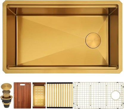 Gold Undermount Kitchen Sink 30 inch,Single Bowl Undermount Sink 16 gauge Stainless Steel,Workstation Kitchen Sinks with Gold Accessories (30" X 18")