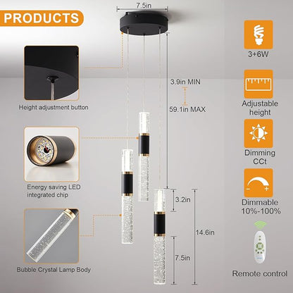 3-Light Pendant Light Kitchen Island, Dimmable Modern Pendant Light Kitchen Island Light Fixture with Remote Controller Luxury Led Chandelier for Dinning Room 3000K-6500K