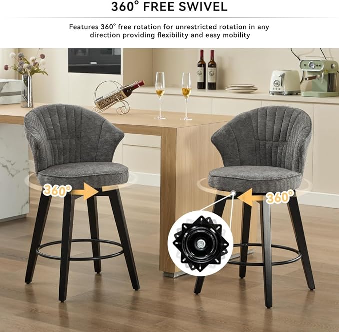Set of 2 Counter Height Swivel Bar Stools, Chenille Upholstered Chairs with Wide Backrest for Bar, Kitchen Island, Dining Room, Dark Grey (Dark Grey + Chenille + Foam)