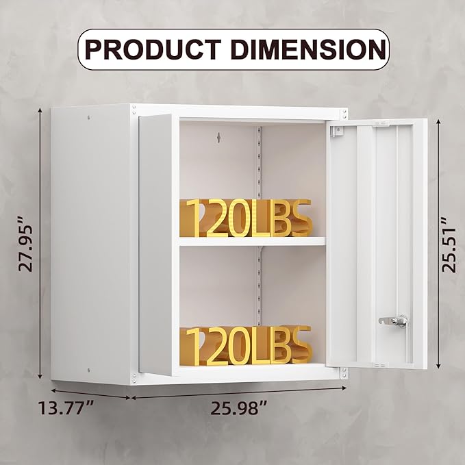 Metal Storage Cabinet with Lock, Kitchen Cabinets Wall Mounted, Steel Wall Cabinet with Doors and Shelves, Hanging Cabinet for Laundry, Pantry, Home Office, White