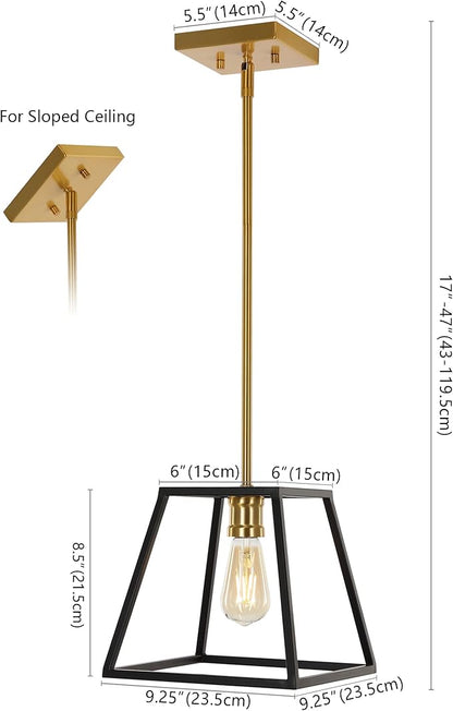 JONATHAN Y 9.25" Black/Brass Gold 1-Light Iron Pendant Lantern, Farmhouse Industrial Cage Light for Kitchen Island Dining Room, Adjustable Height, LED Bulb Included JYL6509A