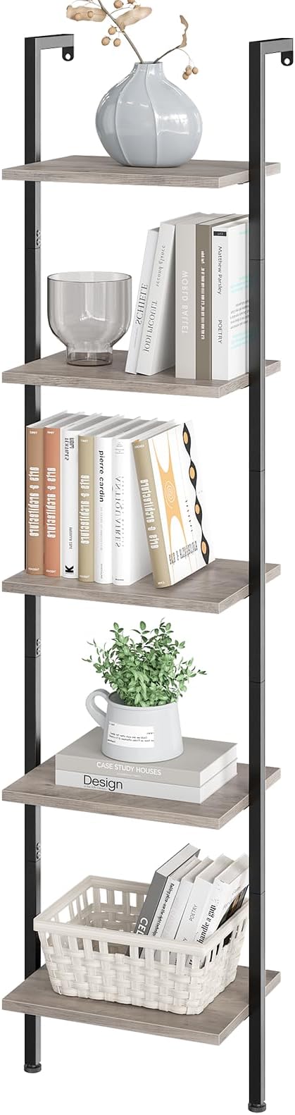 ELYKEN Ladder Shelf, 5-Tier Wood Wall Mounted Bookshelf with Metal Frame, Vintage Open Display Organizer Rack, Leaning Storage Shelves for Living Room, Bedroom, Home Office, Greige