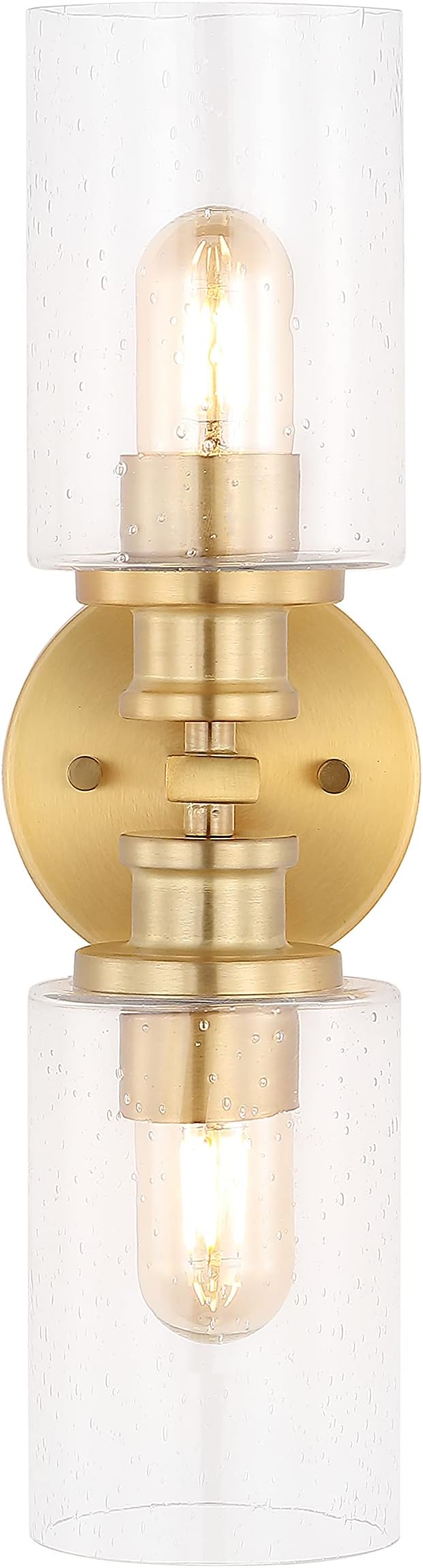 JONATHAN Y 16.5" Brass Gold 2-Light LED Wall Sconce, Modern Farmhouse Vanity Light with Seeded Glass Shade, Industrial Iron Fixture for Bathroom Mirror, LED Bulbs Included (JYL7577E)