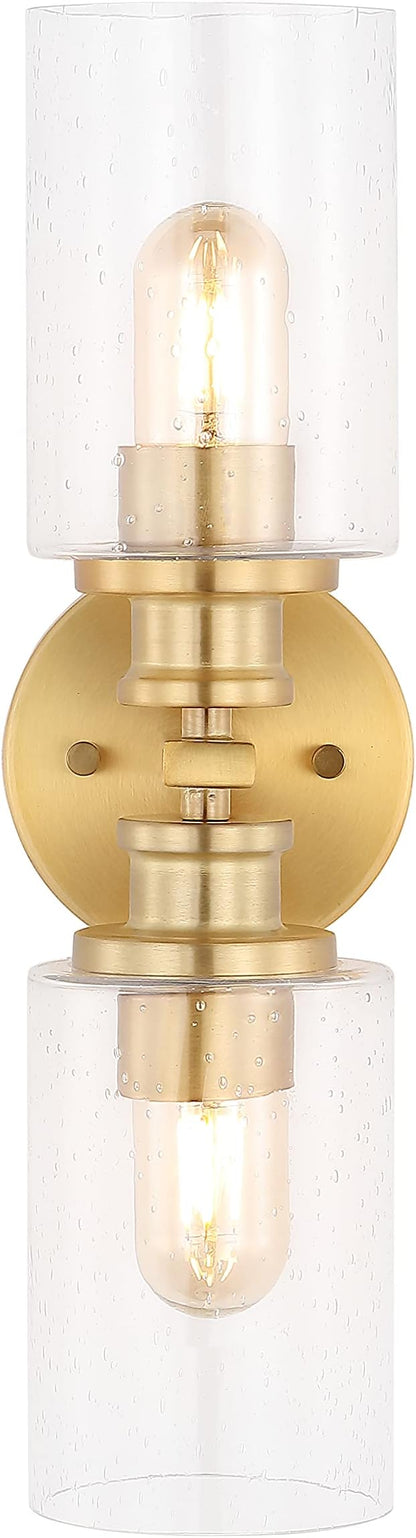 JONATHAN Y 16.5" Brass Gold 2-Light LED Wall Sconce, Modern Farmhouse Vanity Light with Seeded Glass Shade, Industrial Iron Fixture for Bathroom Mirror, LED Bulbs Included (JYL7577E)