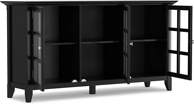 SIMPLIHOME Acadian Storage Cabinet - 62 inch Wide Solid Wood 3-Shelf Sideboard in Black, Transitional Buffet for Living Room, Entryway, or Dining Room with Adjustable Shelves and Glass Doors