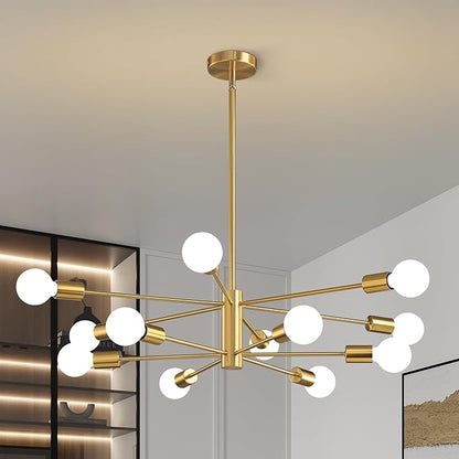 KAISITE Modern Sputnik Chandelier Ceiling Light Fixture 12-Light Gold Chandelier for Dining Room Over Table Height Adjustable Mid Century Industrial Chandelier for Kithchen Living Room Entryway