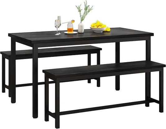 Lamerge Kitchen Table Set with 2 Benches 4 Person Dining Room Table Set for Home Kitchen, Dining Room, Restaurant, Space Saving, Black, 43.3''L x23.6''W x28.5''H (43B)