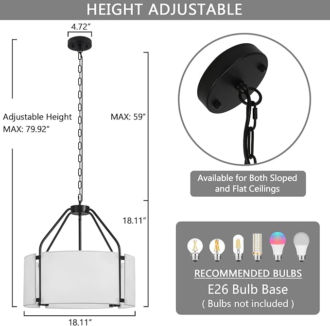 Drum Chandeliers, 18'' Drum Pendant Light Fixture with White Linen Fabric Shade, White Chandelier Adjustable Modern Farmhouse Hanging Lights for Dining Room Bedroom Kitchen Foyer Entryway