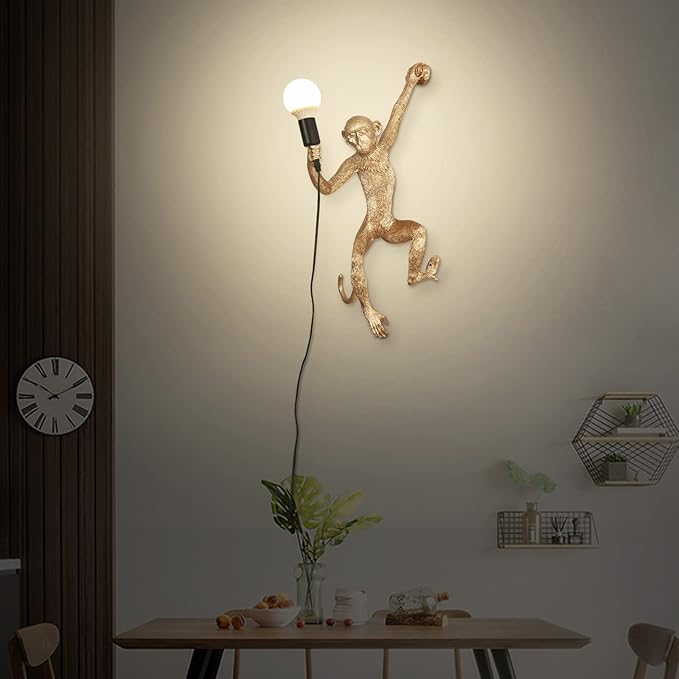 YIYIBYUS Monkey Wall Lamp, Vintage Resin Monkey Form Wall Lamp, Nordic Light Retro Resin Monkey Light Fixture, Modern Wall Lighting E26(Not Included) for Dining Living Room Bedroom (Golden)